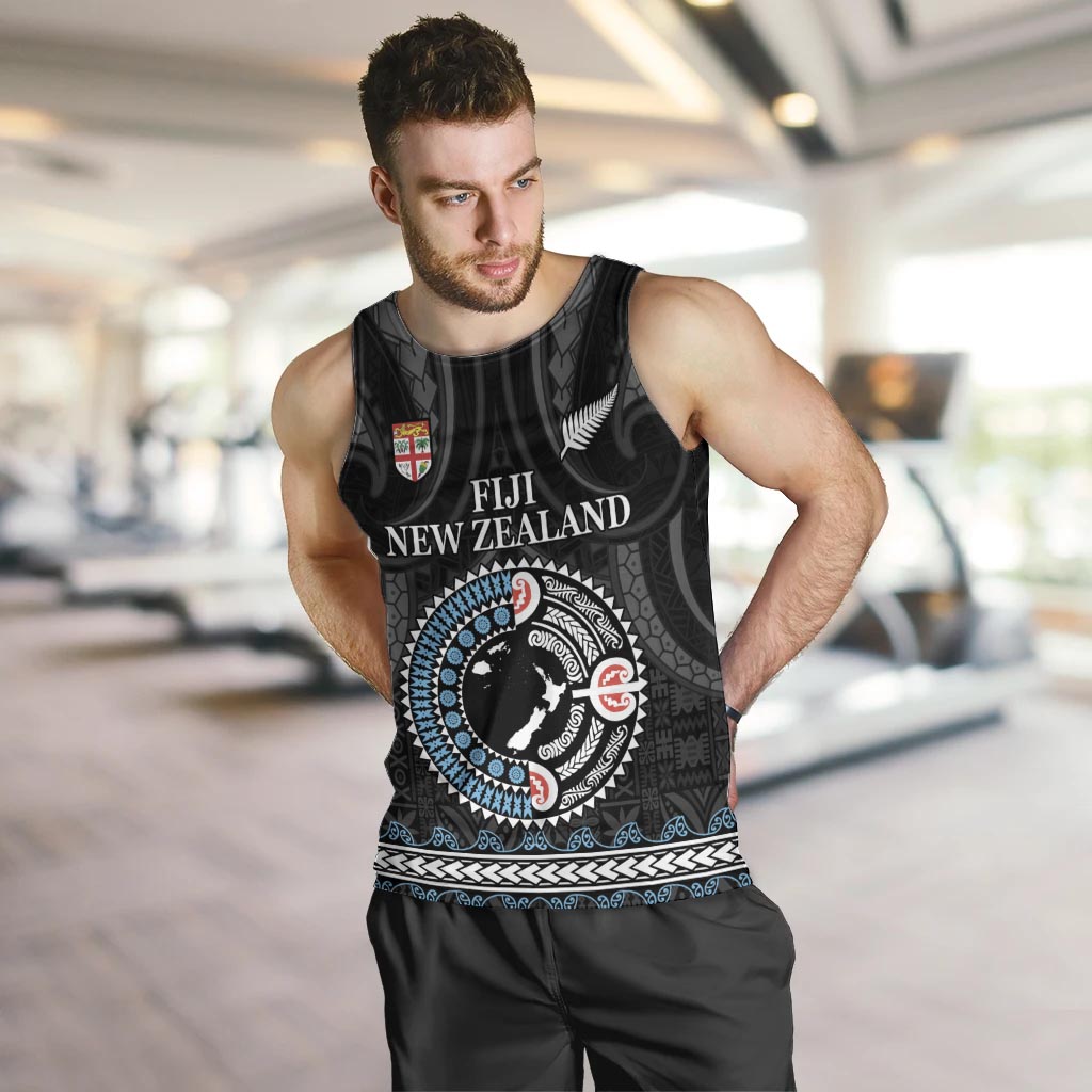 Custom Fiji and New Zealand Men Tank Top Maori Fern Mix Tapa Tribal Unique LT9 Black - Polynesian Pride