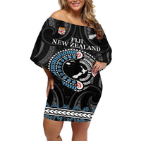 Custom Fiji and New Zealand Off Shoulder Short Dress Maori Fern Mix Tapa Tribal Unique LT9 Women Black - Polynesian Pride