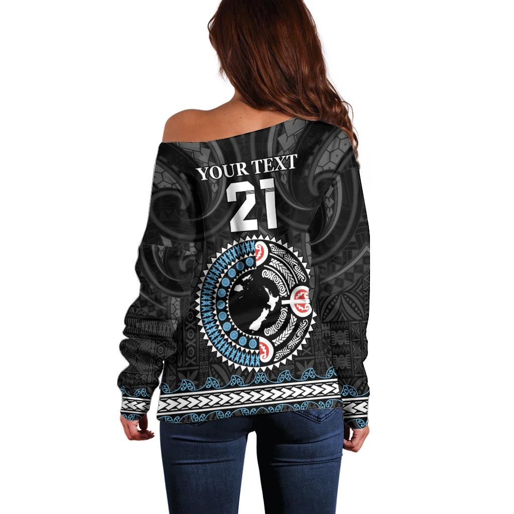 Custom Fiji and New Zealand Off Shoulder Sweater Maori Fern Mix Tapa Tribal Unique LT9 - Polynesian Pride