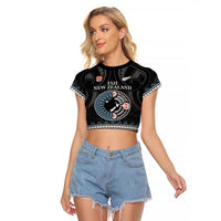 Custom Fiji and New Zealand Raglan Cropped T Shirt Maori Fern Mix Tapa Tribal Unique LT9 Female Black - Polynesian Pride