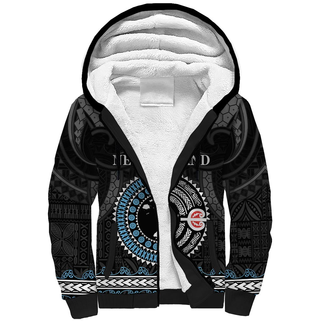 Custom Fiji and New Zealand Sherpa Hoodie Maori Fern Mix Tapa Tribal Unique LT9 Unisex Black - Polynesian Pride
