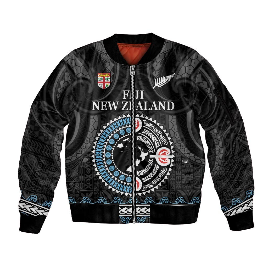 Custom Fiji and New Zealand Sleeve Zip Bomber Jacket Maori Fern Mix Tapa Tribal Unique LT9 Unisex Black - Polynesian Pride