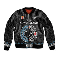 Custom Fiji and New Zealand Sleeve Zip Bomber Jacket Maori Fern Mix Tapa Tribal Unique LT9 Unisex Black - Polynesian Pride