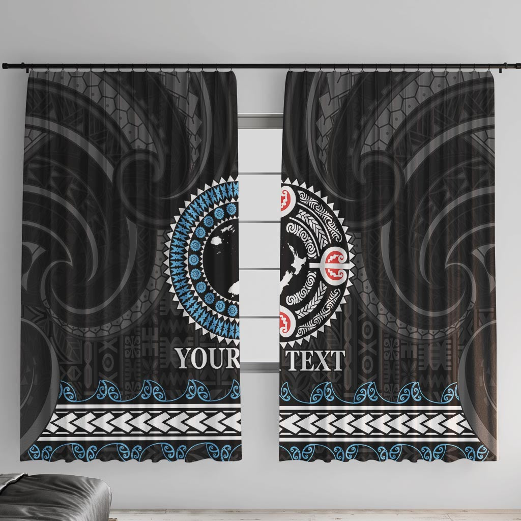 Custom Fiji and New Zealand Window Curtain Maori Fern Mix Tapa Tribal Unique LT9 With Hooks Black - Polynesian Pride