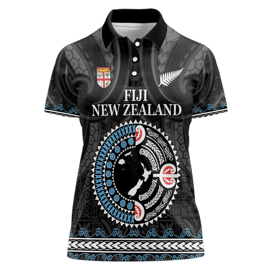 Custom Fiji and New Zealand Women Polo Shirt Maori Fern Mix Tapa Tribal Unique LT9 Female Black - Polynesian Pride