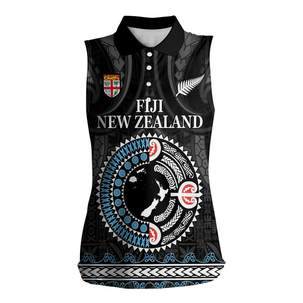 Custom Fiji and New Zealand Women Sleeveless Polo Shirt Maori Fern Mix Tapa Tribal Unique LT9 Female Black - Polynesian Pride