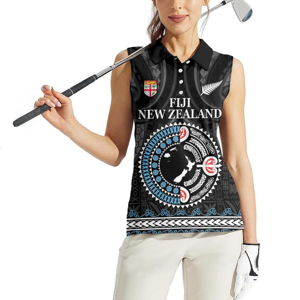 Custom Fiji and New Zealand Women Sleeveless Polo Shirt Maori Fern Mix Tapa Tribal Unique LT9 - Polynesian Pride