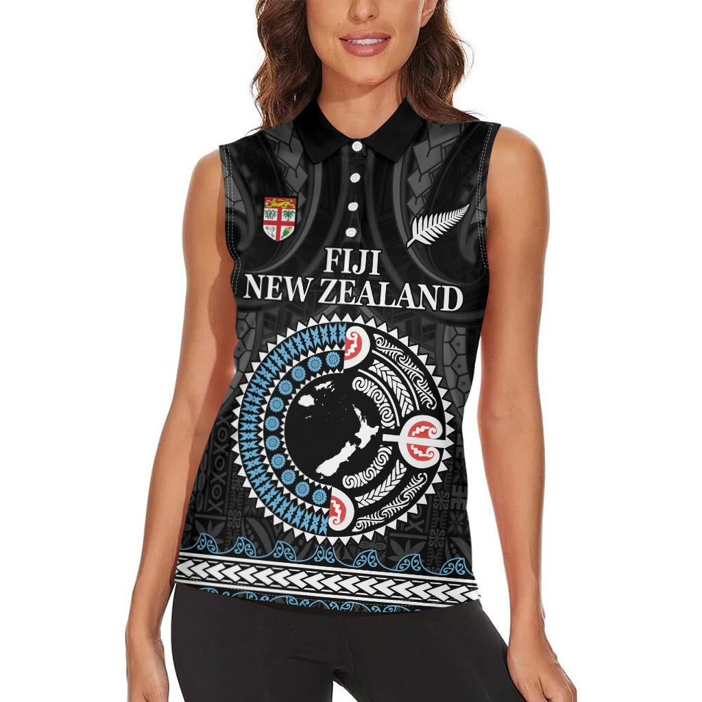 Custom Fiji and New Zealand Women Sleeveless Polo Shirt Maori Fern Mix Tapa Tribal Unique LT9 - Polynesian Pride