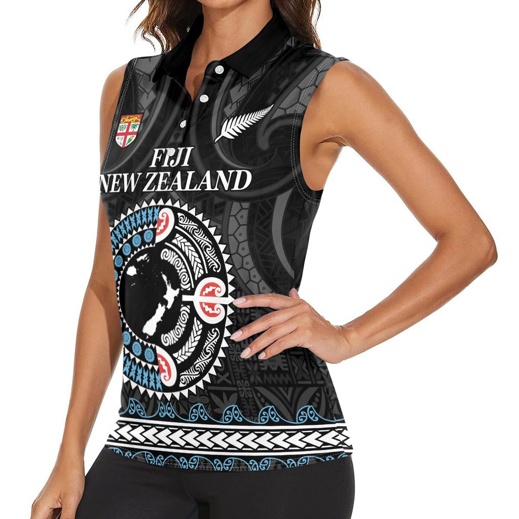 Custom Fiji and New Zealand Women Sleeveless Polo Shirt Maori Fern Mix Tapa Tribal Unique LT9 - Polynesian Pride