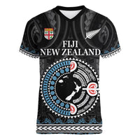 Custom Fiji and New Zealand Women V-Neck T-Shirt Maori Fern Mix Tapa Tribal Unique LT9 Female Black - Polynesian Pride