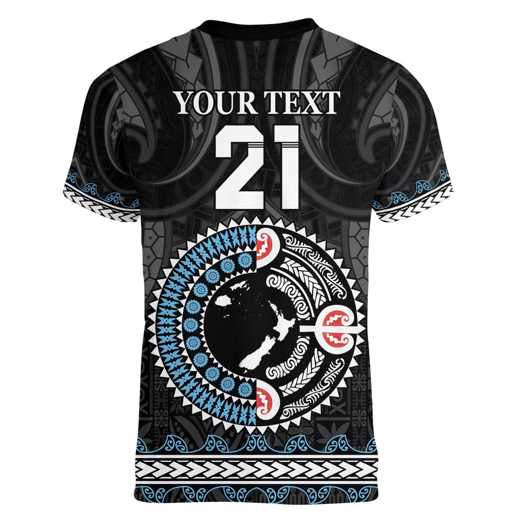 Custom Fiji and New Zealand Women V-Neck T-Shirt Maori Fern Mix Tapa Tribal Unique LT9 - Polynesian Pride