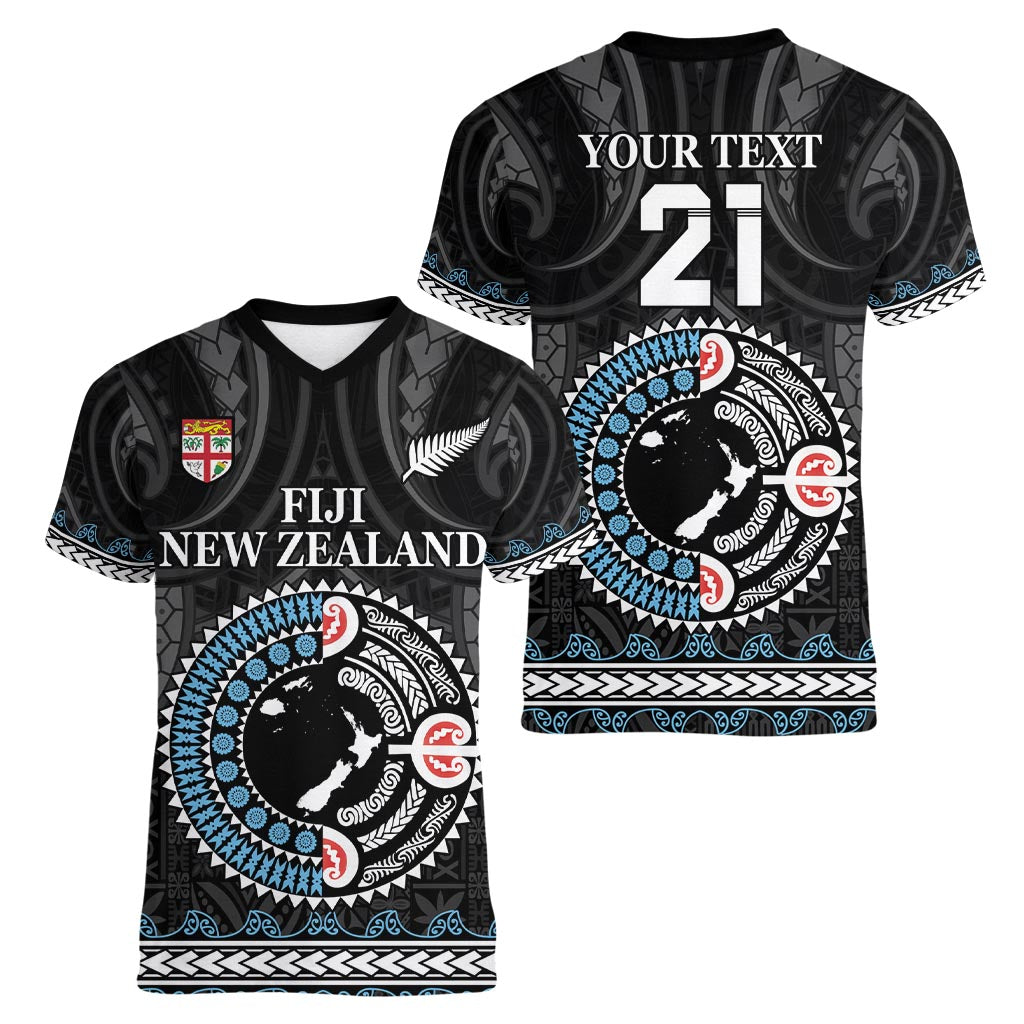 Custom Fiji and New Zealand Women V-Neck T-Shirt Maori Fern Mix Tapa Tribal Unique LT9 - Polynesian Pride