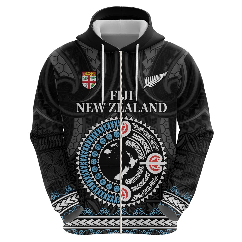 Custom Fiji and New Zealand Zip Hoodie Maori Fern Mix Tapa Tribal Unique LT9 - Polynesian Pride