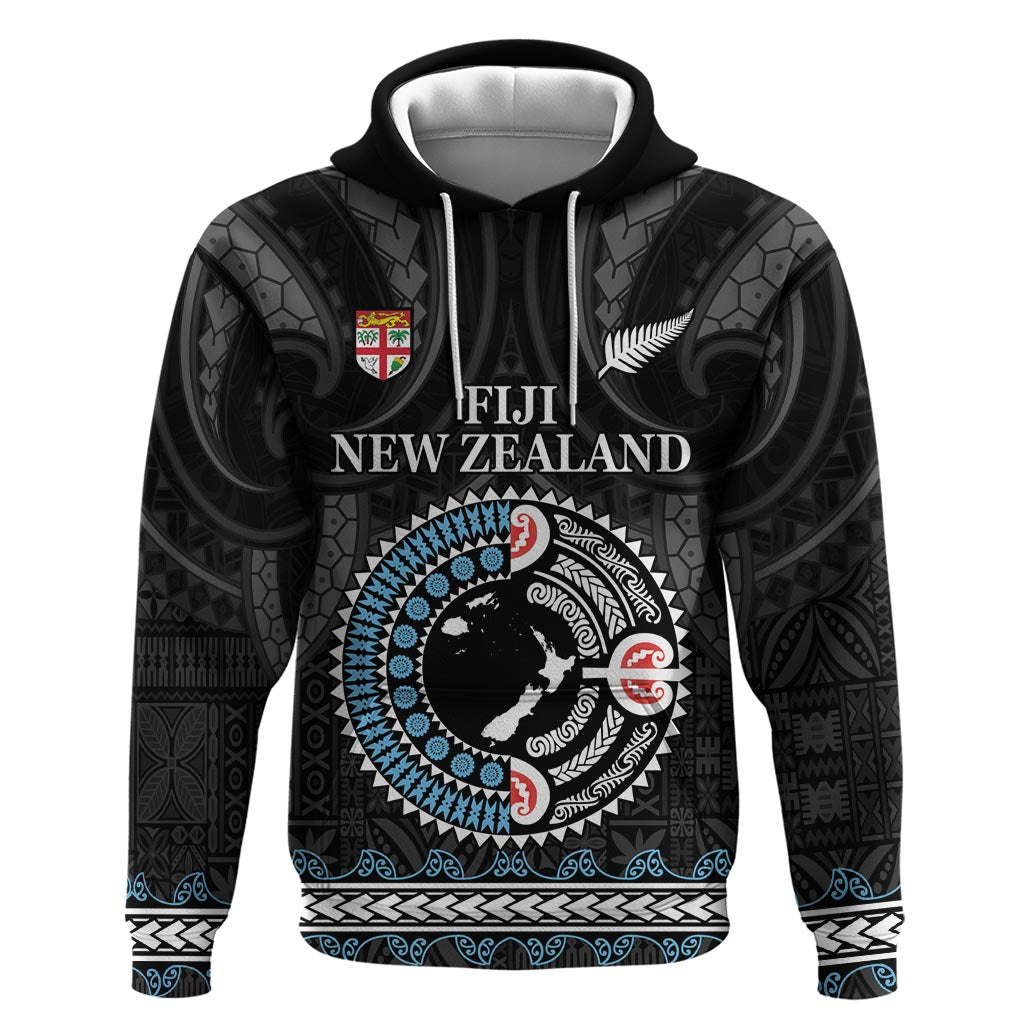 Custom Fiji and New Zealand Zip Hoodie Maori Fern Mix Tapa Tribal Unique LT9 Pullover Hoodie Black - Polynesian Pride