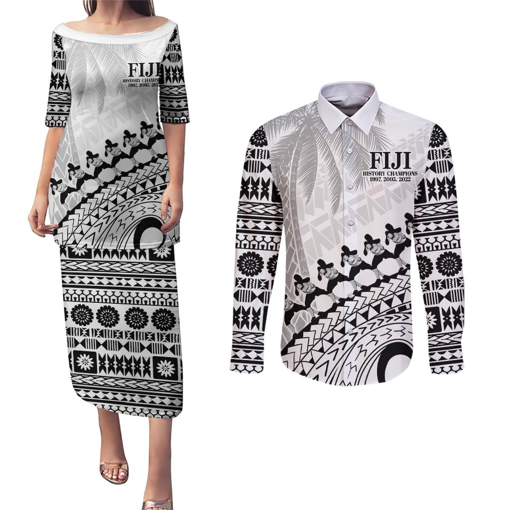 Custom Fiji Rugby Cibi Dance Couples Matching Puletasi and Long Sleeve Button Shirt Create History World Cup Sevens LT9 White - Polynesian Pride