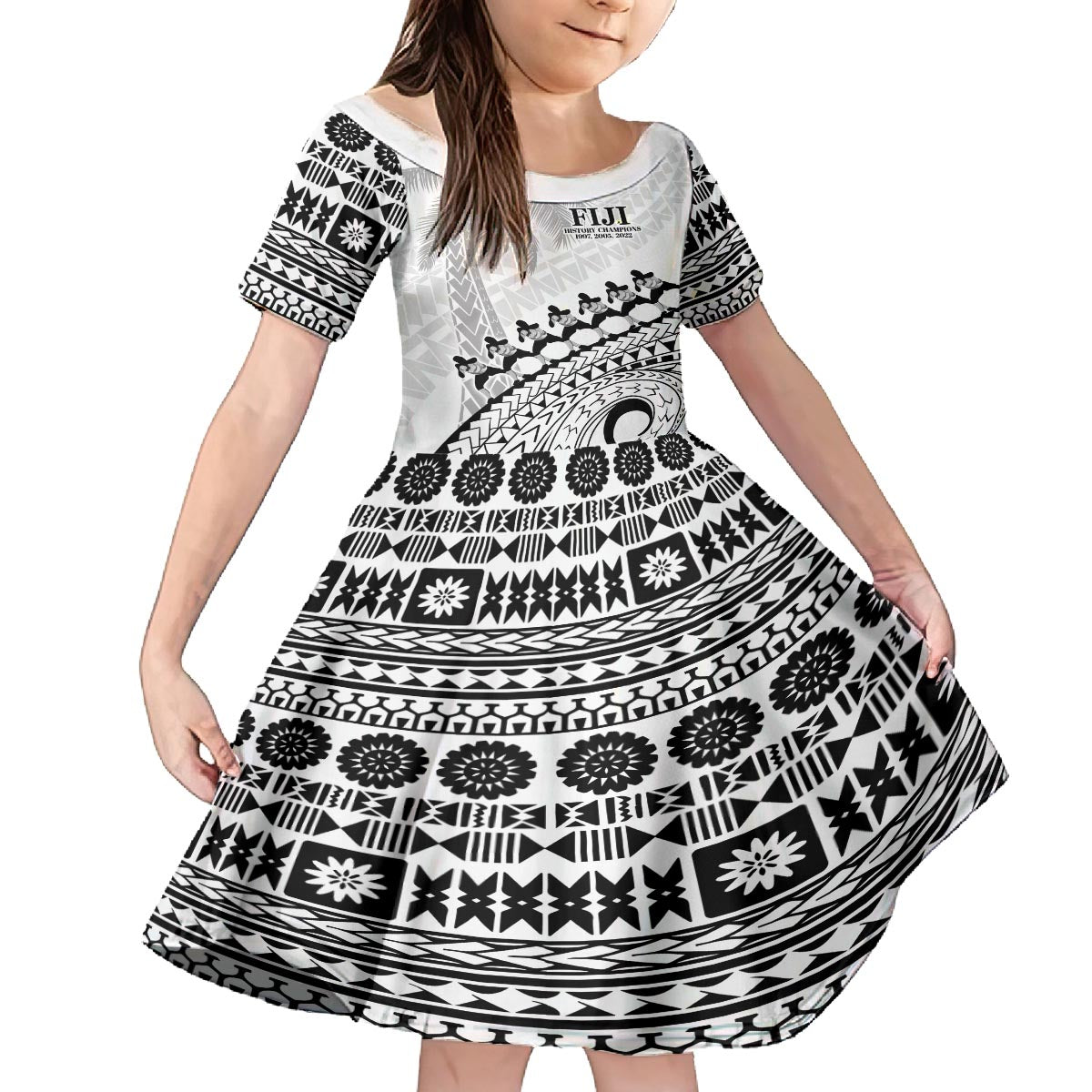 Custom Fiji Rugby Cibi Dance Family Matching Off The Shoulder Long Sleeve Dress and Hawaiian Shirt Create History World Cup Sevens LT9 Daughter's Dress White - Polynesian Pride