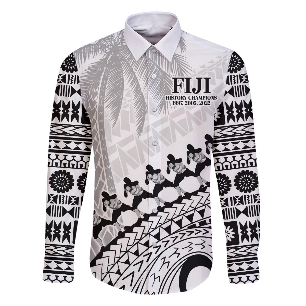 Custom Fiji Rugby Cibi Dance Family Matching Off The Shoulder Long Sleeve Dress and Hawaiian Shirt Create History World Cup Sevens LT9 Dad's Shirt - Long Sleeve White - Polynesian Pride