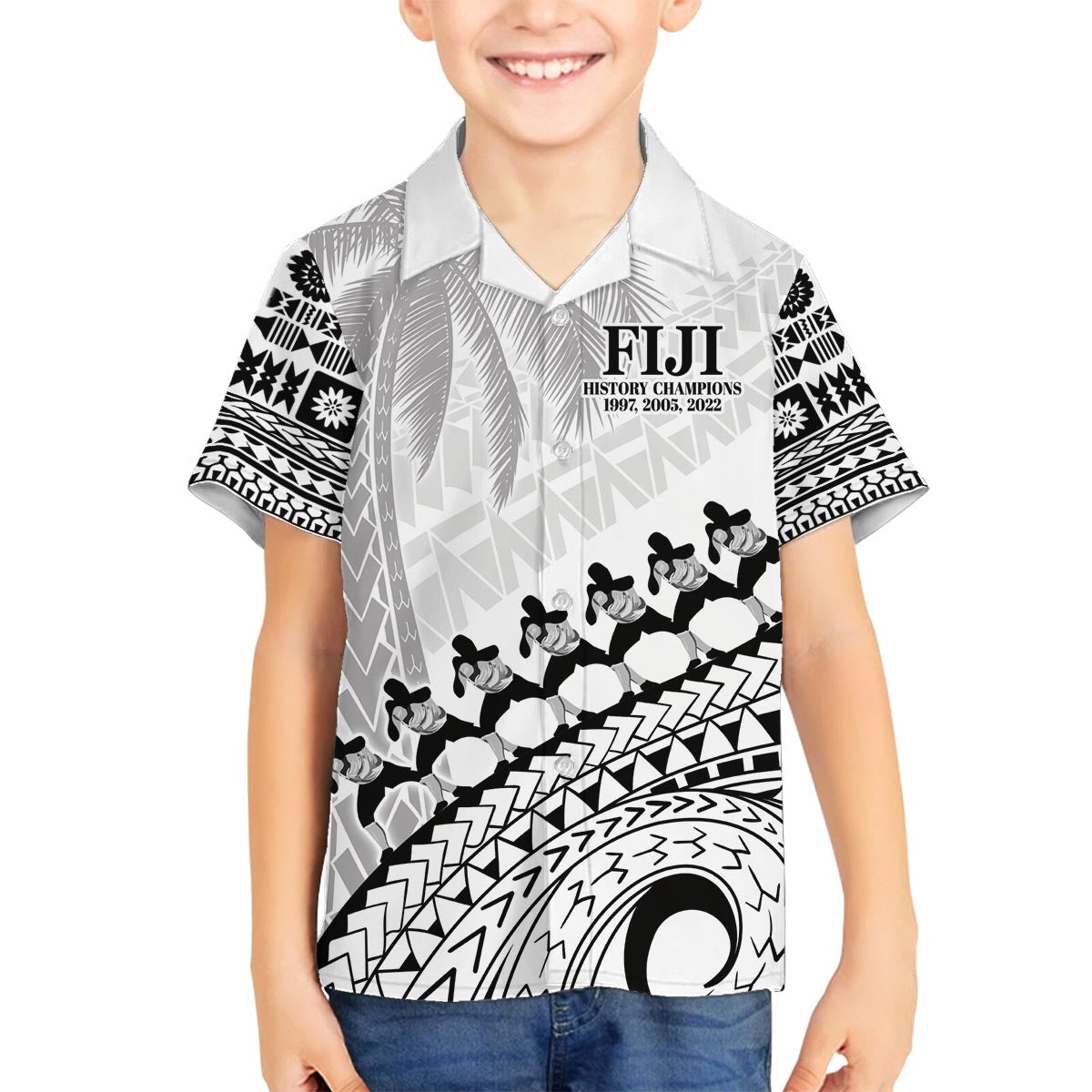 Custom Fiji Rugby Cibi Dance Family Matching Off The Shoulder Long Sleeve Dress and Hawaiian Shirt Create History World Cup Sevens LT9 Son's Shirt White - Polynesian Pride