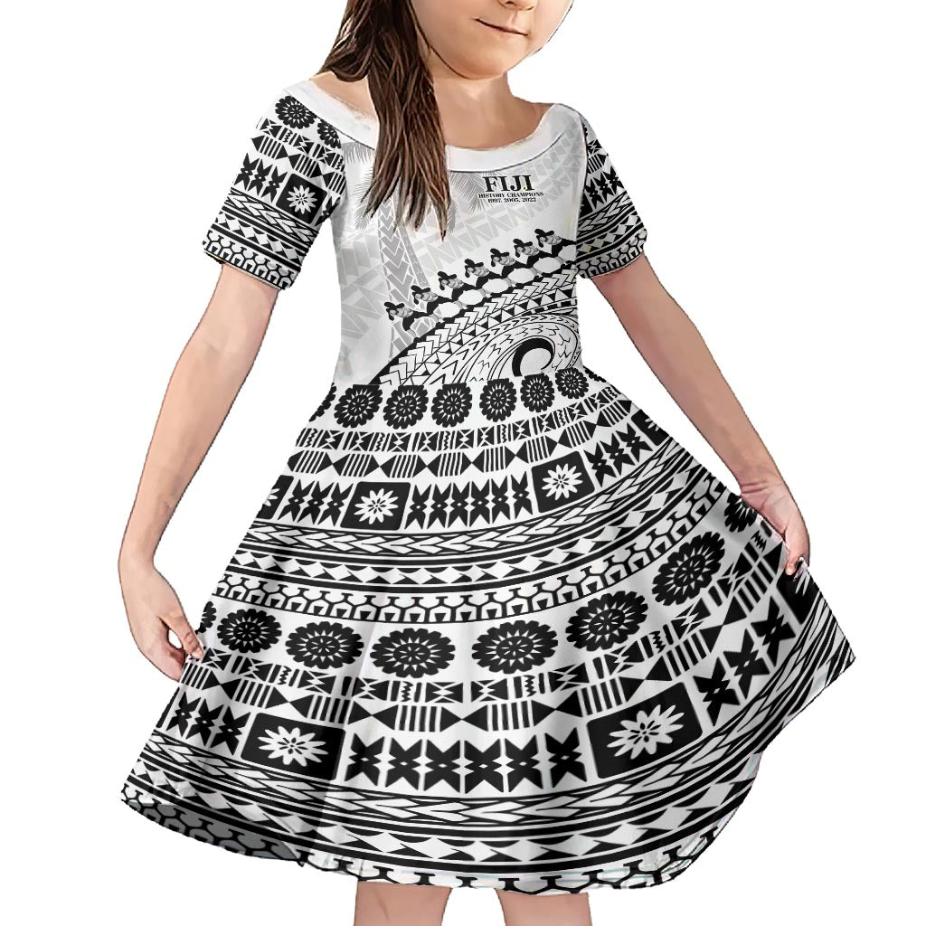 Custom Fiji Rugby Cibi Dance Family Matching Short Sleeve Bodycon Dress and Hawaiian Shirt Create History World Cup Sevens LT9 Daughter's Dress White - Polynesian Pride
