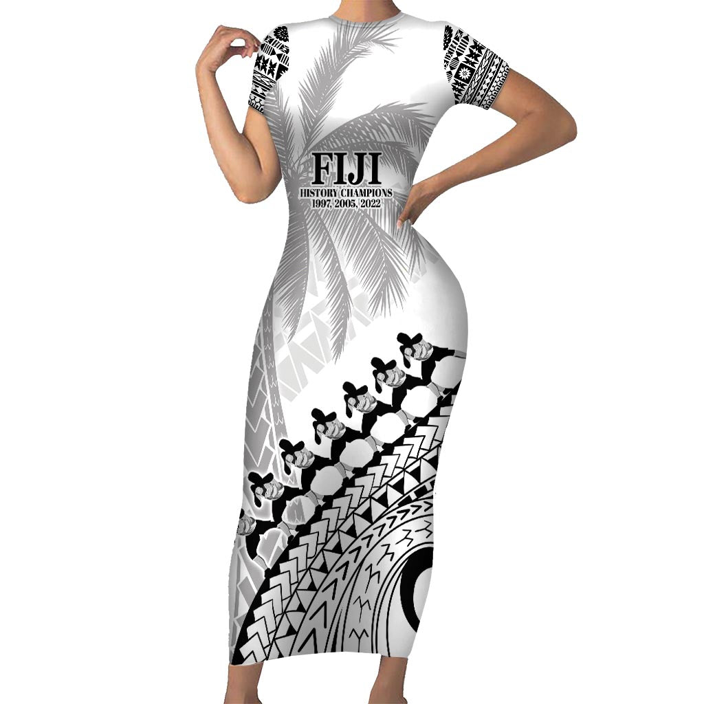 Custom Fiji Rugby Cibi Dance Family Matching Short Sleeve Bodycon Dress and Hawaiian Shirt Create History World Cup Sevens LT9 Mom's Dress White - Polynesian Pride