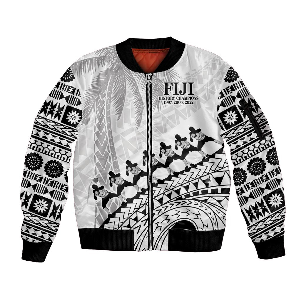 Custom Fiji Rugby Cibi Dance Sleeve Zip Bomber Jacket Create History World Cup Sevens LT9 Unisex White - Polynesian Pride