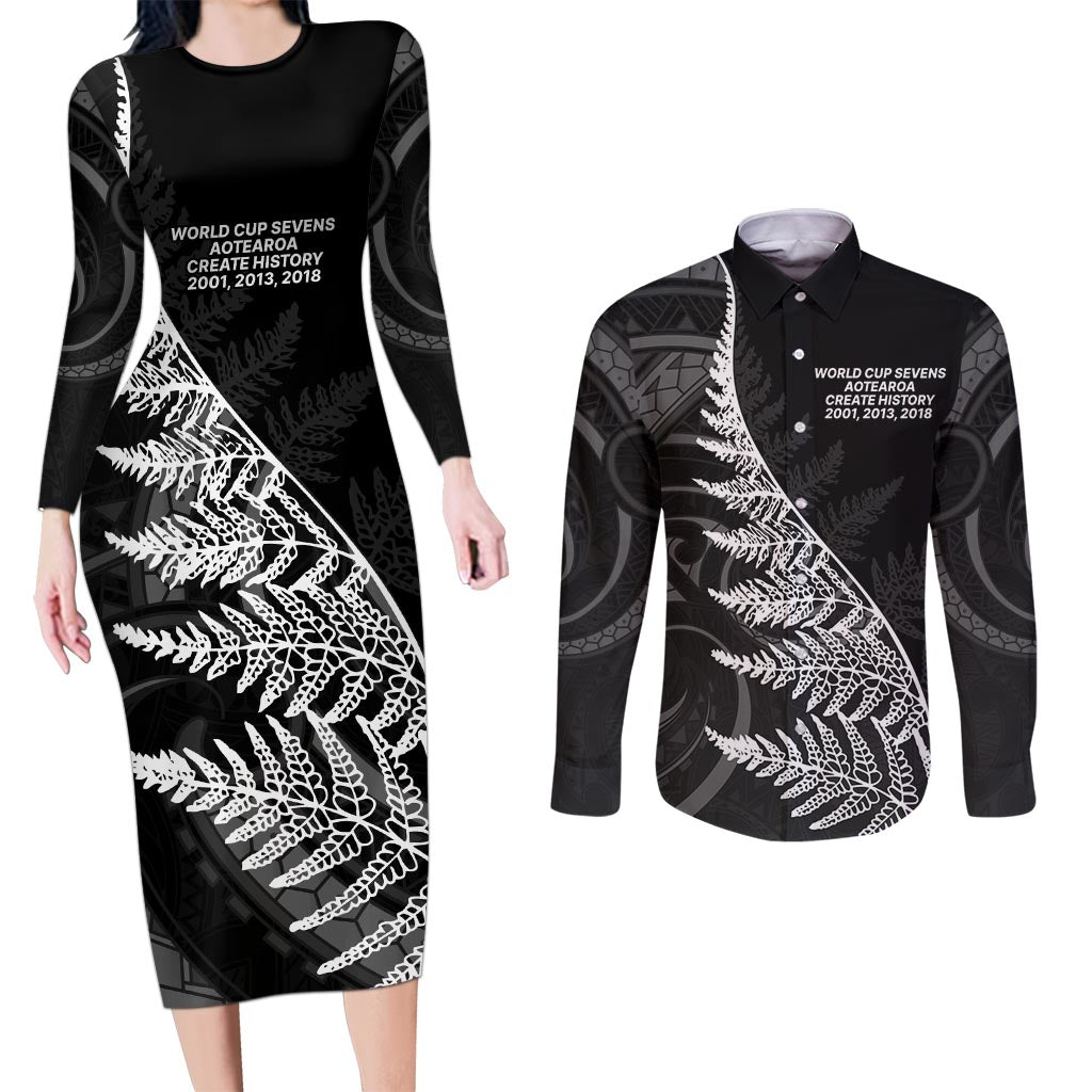 New Zealand Black Fern 7s Couples Matching Long Sleeve Bodycon Dress and Long Sleeve Button Shirt History World Cup Sevens LT9 Black - Polynesian Pride