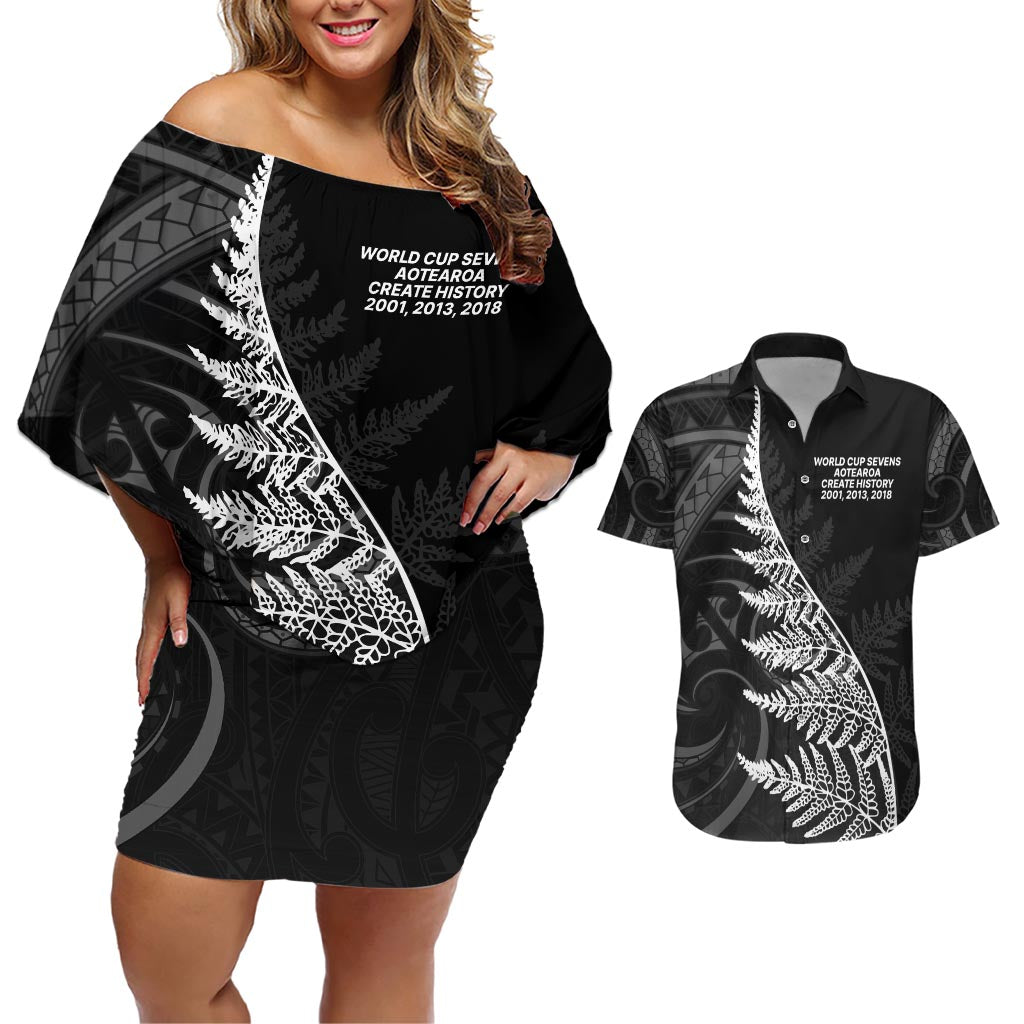 New Zealand Black Fern 7s Couples Matching Off Shoulder Short Dress and Hawaiian Shirt History World Cup Sevens LT9 Black - Polynesian Pride