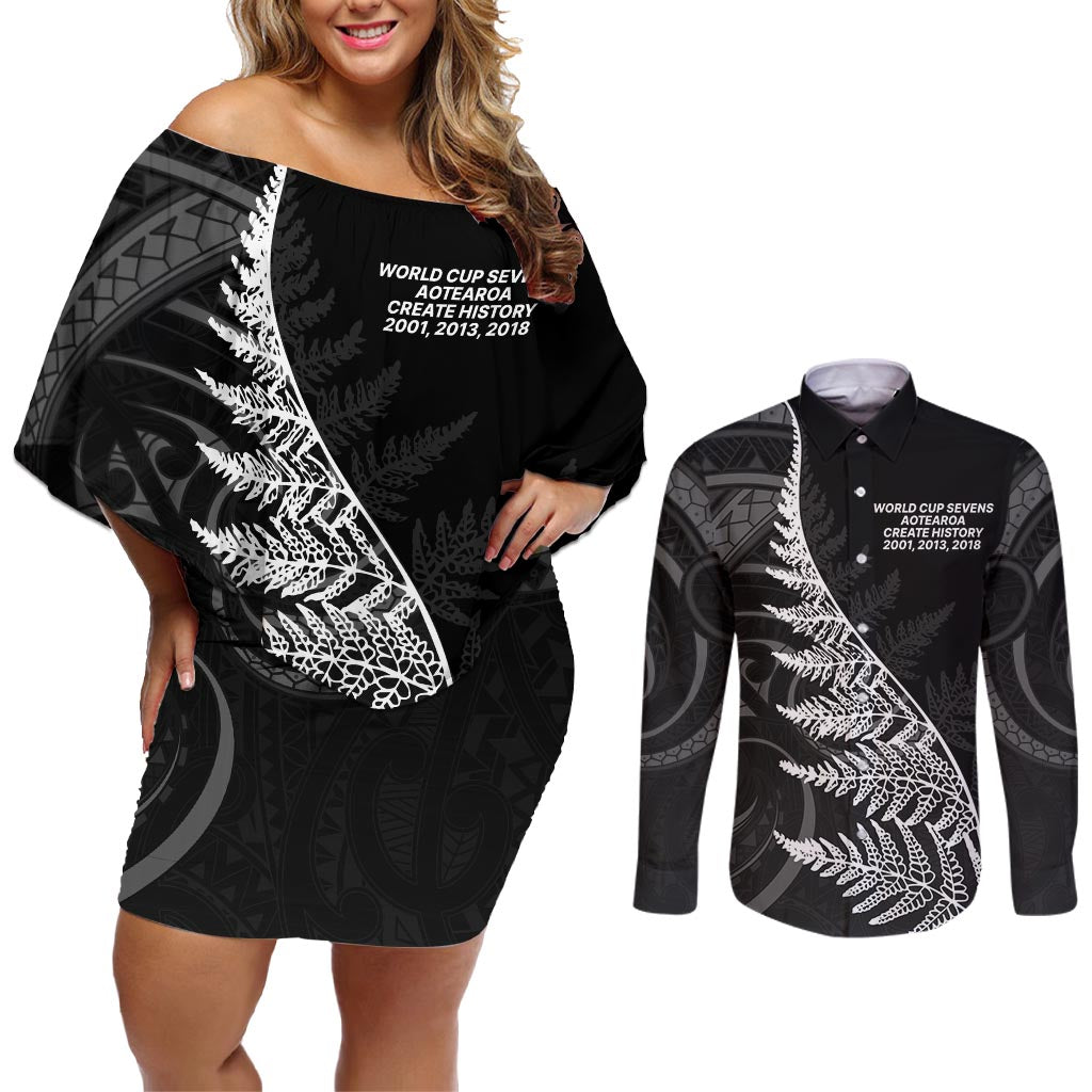 New Zealand Black Fern 7s Couples Matching Off Shoulder Short Dress and Long Sleeve Button Shirt History World Cup Sevens LT9 Black - Polynesian Pride