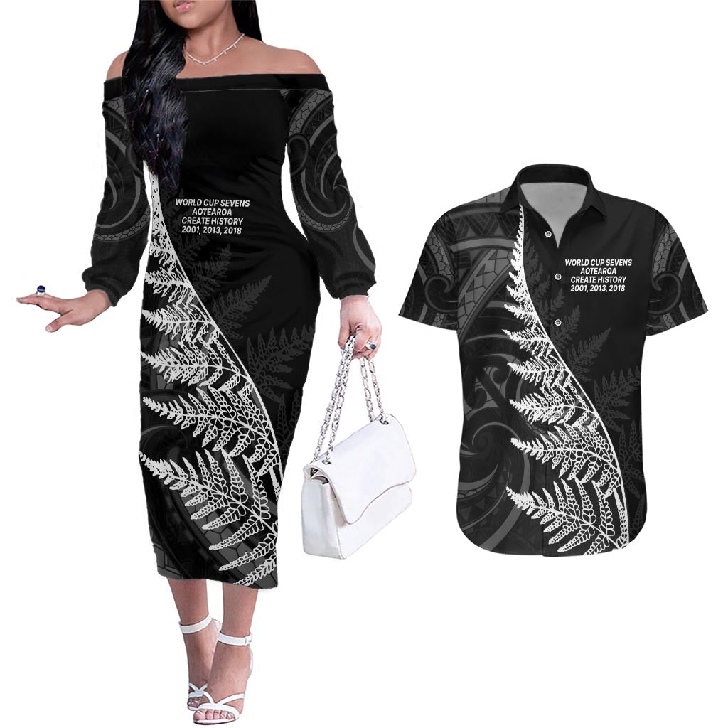 New Zealand Black Fern 7s Couples Matching Off The Shoulder Long Sleeve Dress and Hawaiian Shirt History World Cup Sevens LT9 Black - Polynesian Pride