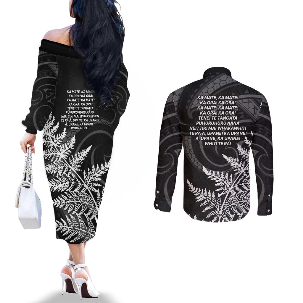 New Zealand Black Fern 7s Couples Matching Off The Shoulder Long Sleeve Dress and Long Sleeve Button Shirt History World Cup Sevens LT9 - Polynesian Pride