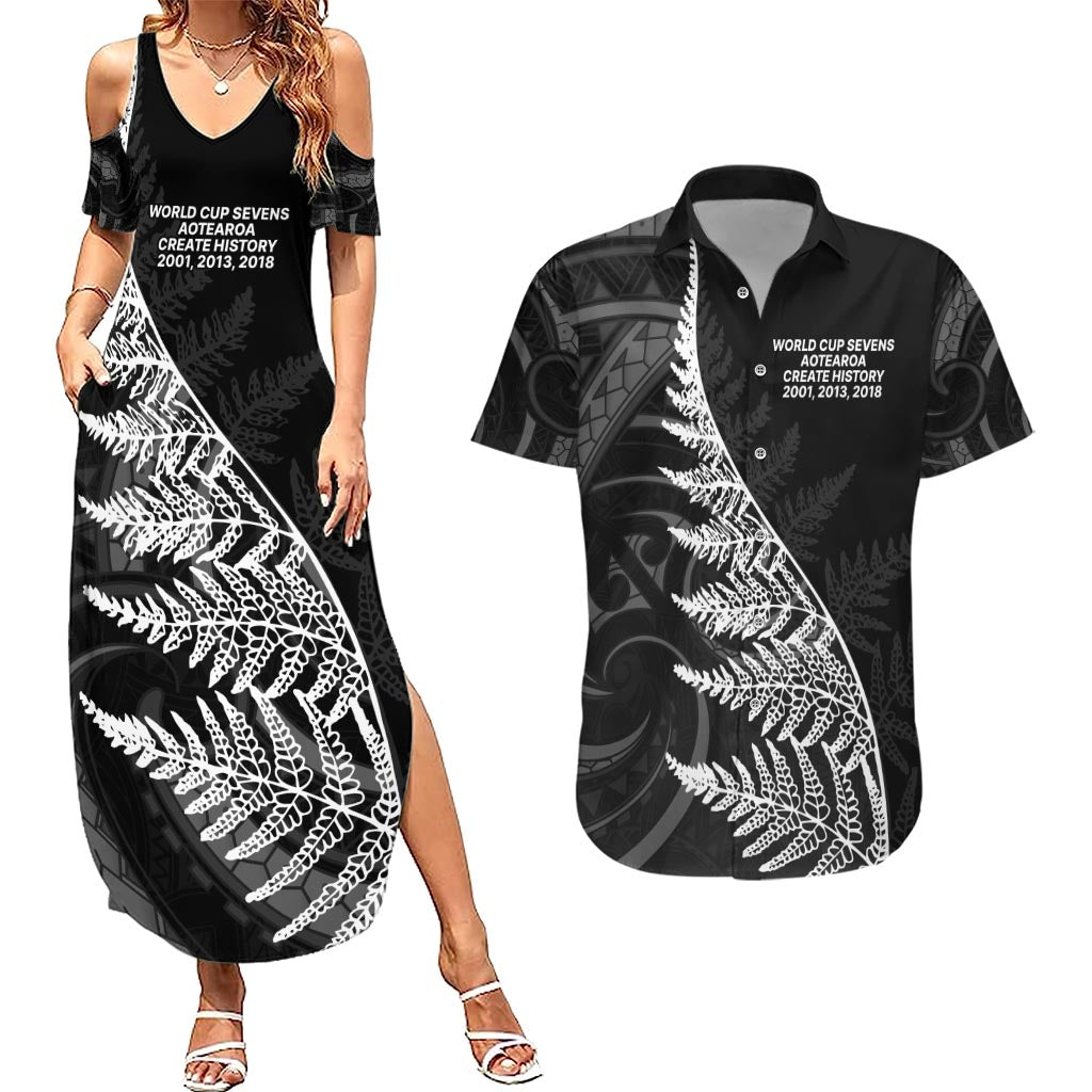 New Zealand Black Fern 7s Couples Matching Summer Maxi Dress and Hawaiian Shirt History World Cup Sevens LT9 Black - Polynesian Pride