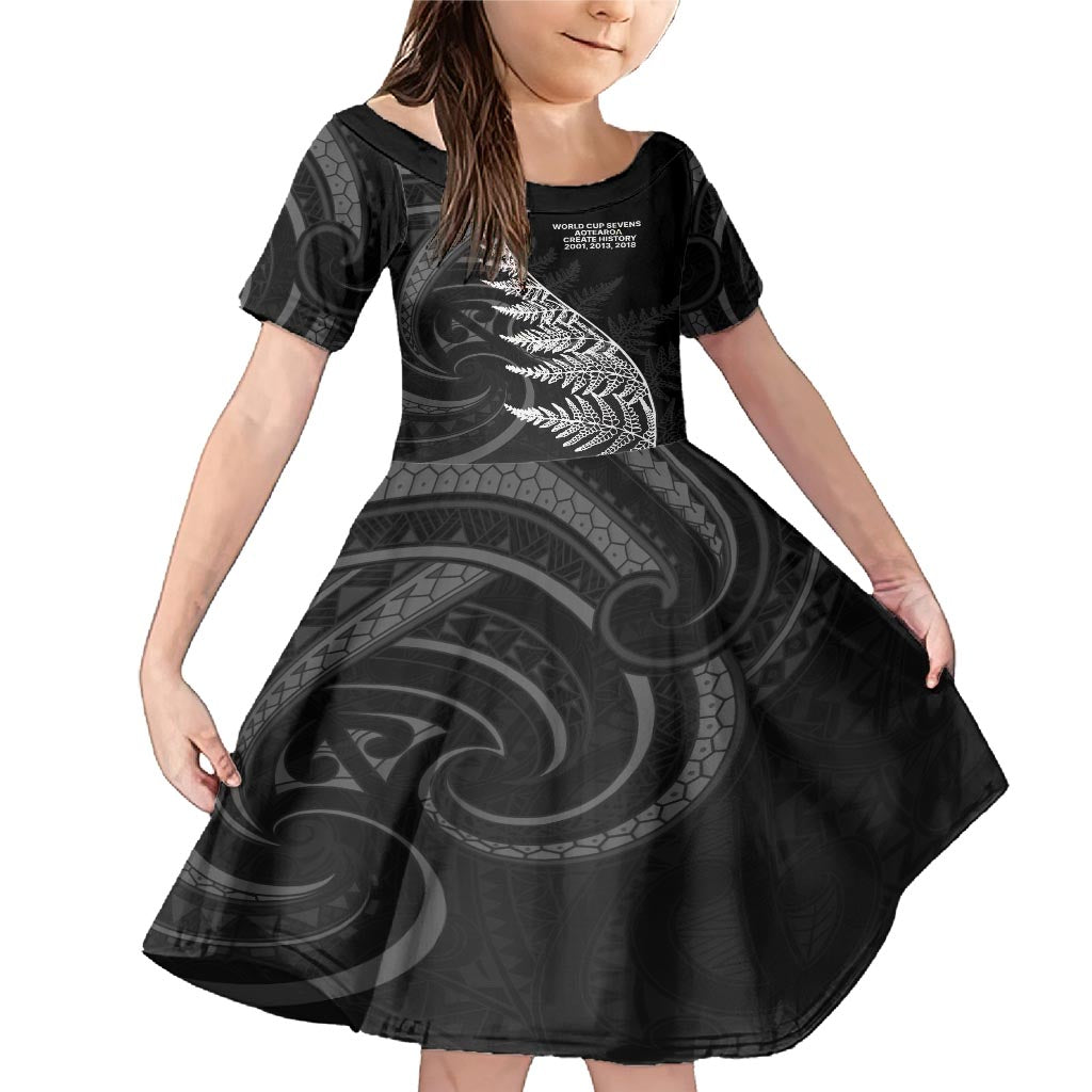 New Zealand Black Fern 7s Family Matching Mermaid Dress and Hawaiian Shirt History World Cup Sevens LT9 Daughter's Dress Black - Polynesian Pride