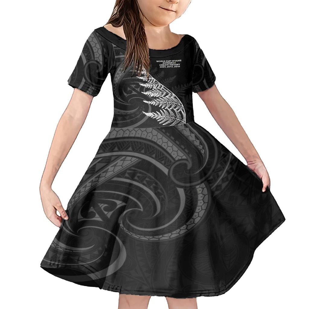 New Zealand Black Fern 7s Family Matching Off Shoulder Maxi Dress and Hawaiian Shirt History World Cup Sevens LT9 Daughter's Dress Black - Polynesian Pride