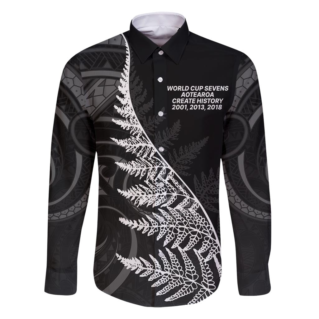 New Zealand Black Fern 7s Family Matching Tank Maxi Dress and Hawaiian Shirt History World Cup Sevens LT9 Dad's Shirt - Long Sleeve Black - Polynesian Pride