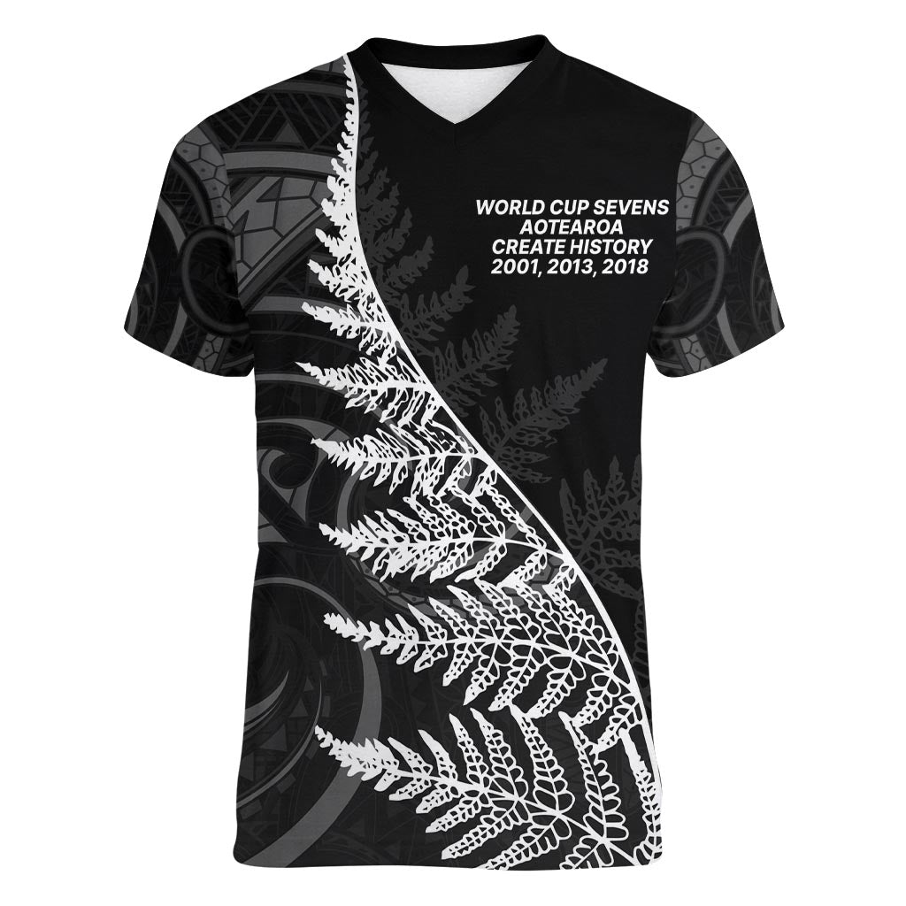 New Zealand Black Fern 7s Women V-Neck T-Shirt History World Cup Sevens LT9 Female Black - Polynesian Pride
