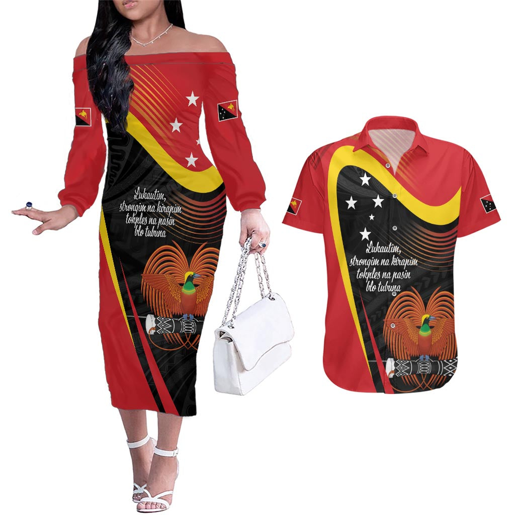 Personalised Papua Niugini Tok Pisin Wik Couples Matching Off The Shoulder Long Sleeve Dress and Hawaiian Shirt