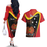 Personalised Papua Niugini Tok Pisin Wik Couples Matching Off The Shoulder Long Sleeve Dress and Hawaiian Shirt