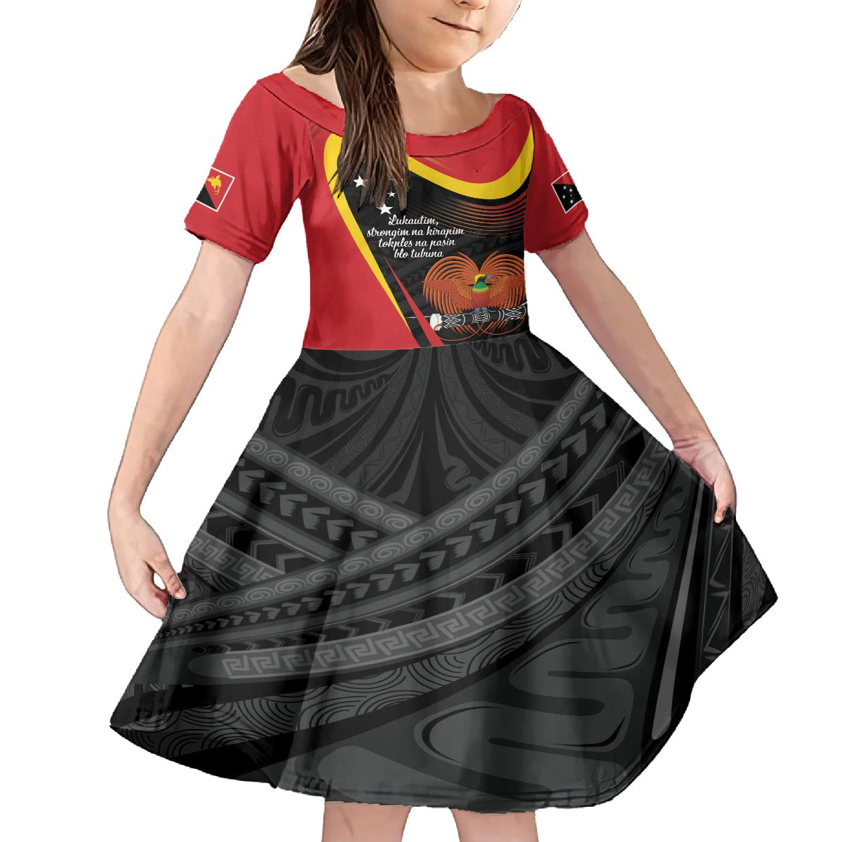 Personalised Papua Niugini Tok Pisin Wik Family Matching Off The Shoulder Long Sleeve Dress and Hawaiian Shirt LT9 Daughter's Dress Red - Polynesian Pride