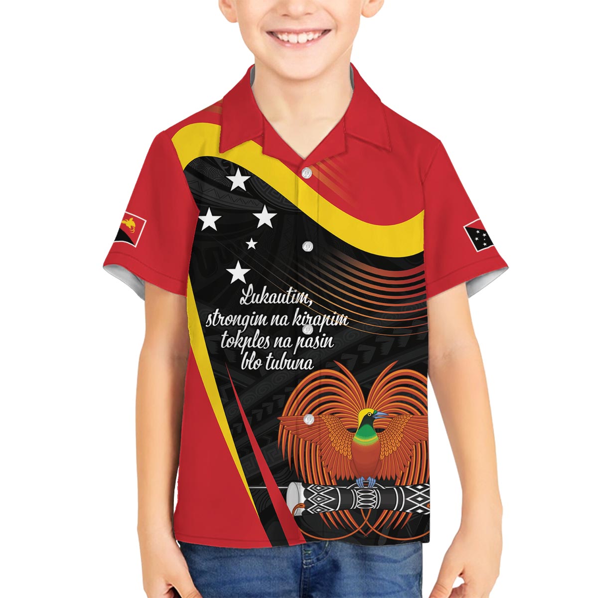 Personalised Papua Niugini Tok Pisin Wik Family Matching Off The Shoulder Long Sleeve Dress and Hawaiian Shirt LT9 Son's Shirt Red - Polynesian Pride