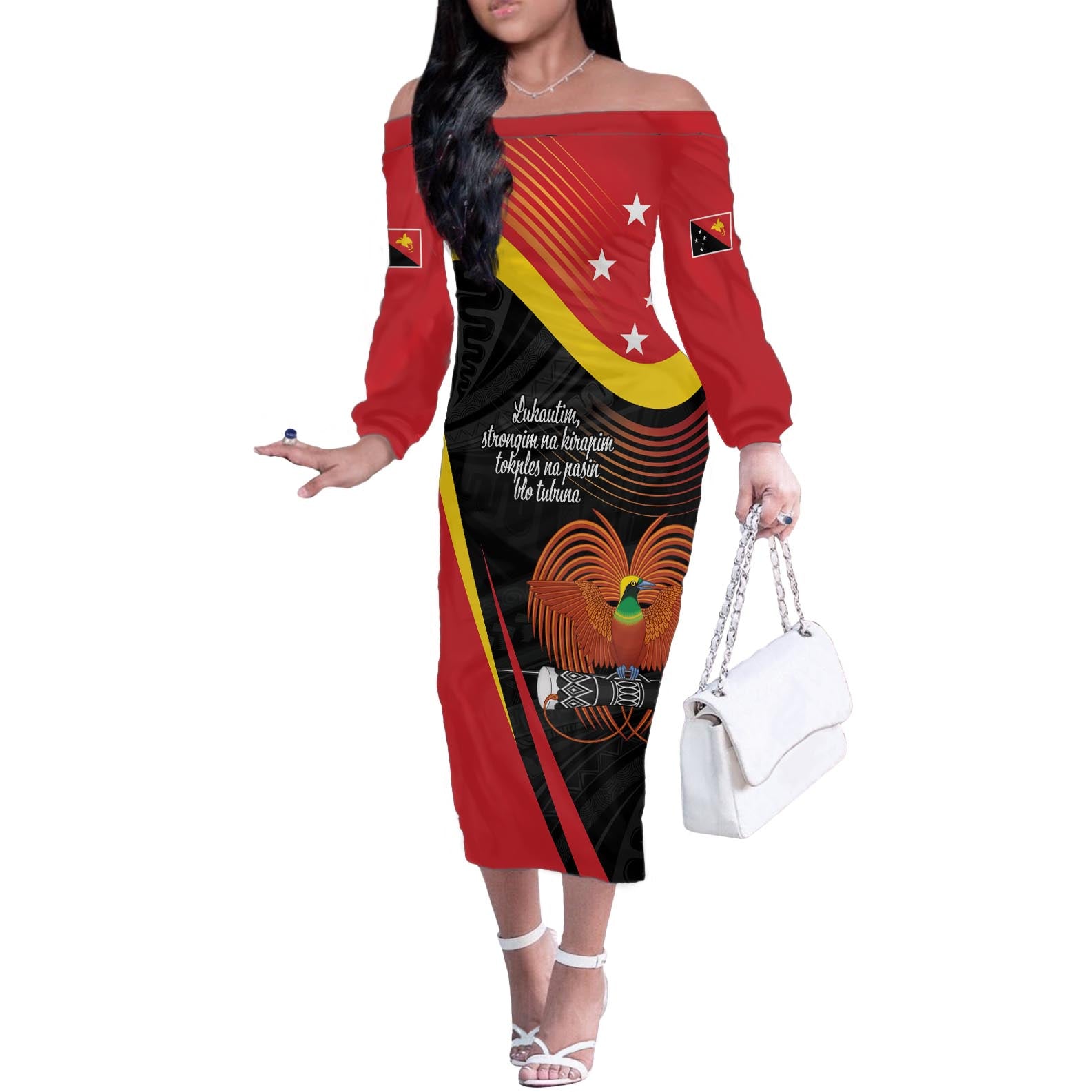 Personalised Papua Niugini Tok Pisin Wik Off The Shoulder Long Sleeve Dress LT9 Women Red - Polynesian Pride