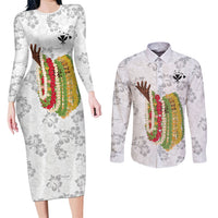 Hawaii Lei Kamehameha Couples Matching Long Sleeve Bodycon Dress and Long Sleeve Button Shirt Ke'oke'o Seamless Pattern Hibiscus Flower