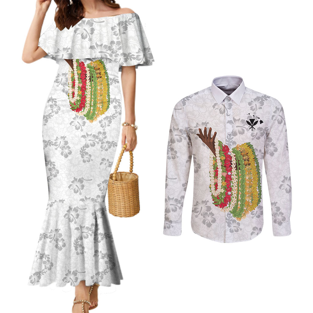 Hawaii Lei Kamehameha Couples Matching Mermaid Dress and Long Sleeve Button Shirt Ke'oke'o Seamless Pattern Hibiscus Flower