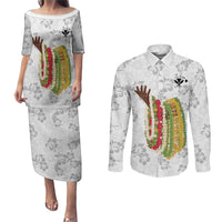 Hawaii Lei Kamehameha Couples Matching Puletasi and Long Sleeve Button Shirt Ke'oke'o Seamless Pattern Hibiscus Flower