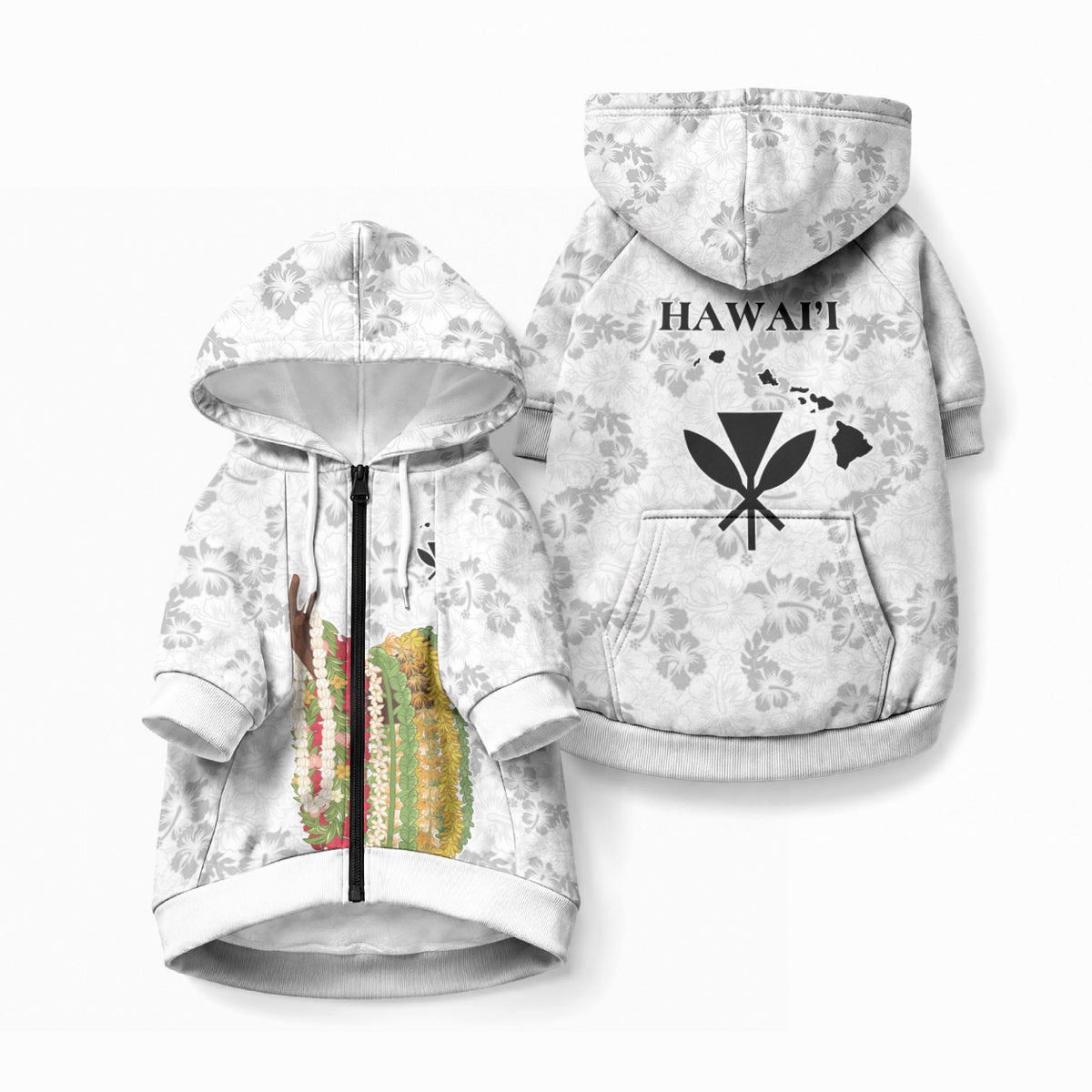 Hawaii Lei Kamehameha Pet Hoodie Ke'oke'o Seamless Pattern Hibiscus Flower LT9 Zip-up White - Polynesian Pride