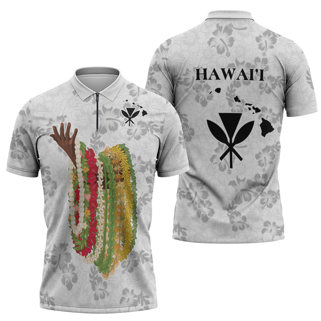 Hawaii Lei Kamehameha Zipper Polo Shirt Ke'oke'o Seamless Pattern Hibiscus Flower
