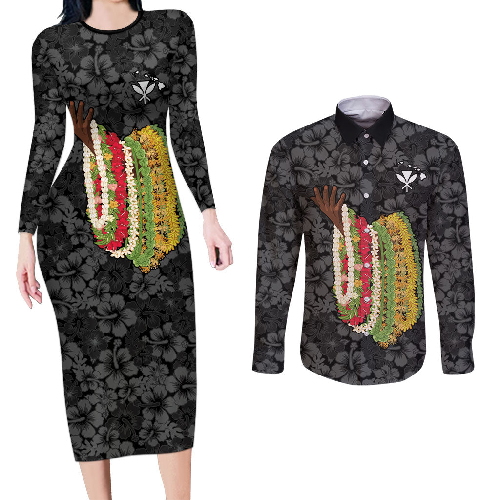 Hawaii Lei Kamehameha Couples Matching Long Sleeve Bodycon Dress and Long Sleeve Button Shirt Ele'ele Seamless Pattern Hibiscus Flower