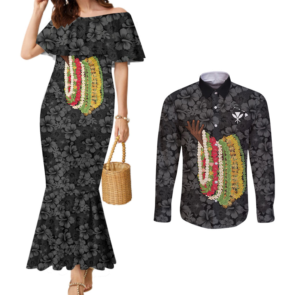 Hawaii Lei Kamehameha Couples Matching Mermaid Dress and Long Sleeve Button Shirt Ele'ele Seamless Pattern Hibiscus Flower