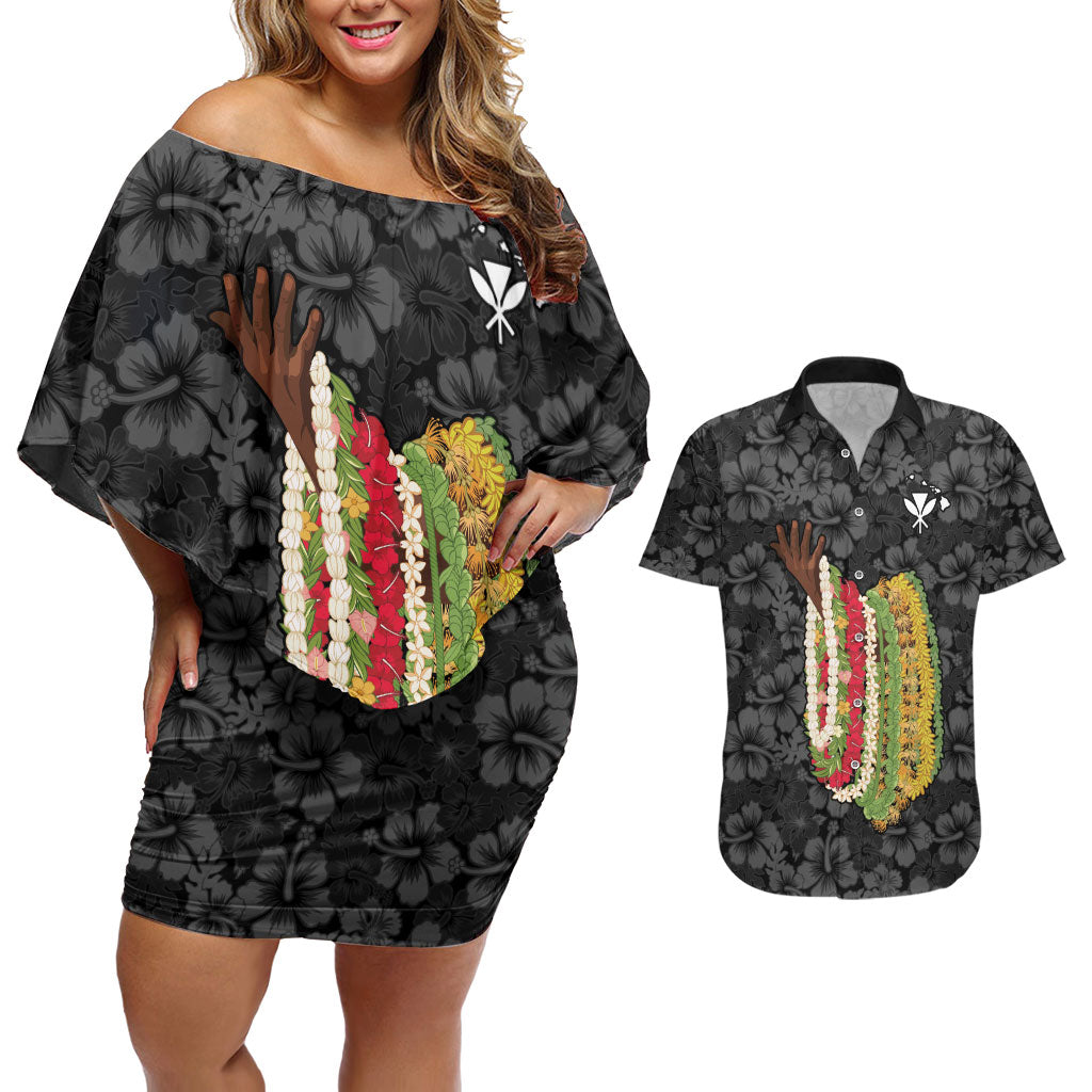 Hawaii Lei Kamehameha Couples Matching Off Shoulder Short Dress and Hawaiian Shirt Ele'ele Seamless Pattern Hibiscus Flower