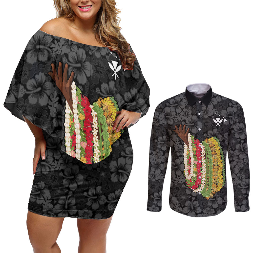 Hawaii Lei Kamehameha Couples Matching Off Shoulder Short Dress and Long Sleeve Button Shirt Ele'ele Seamless Pattern Hibiscus Flower