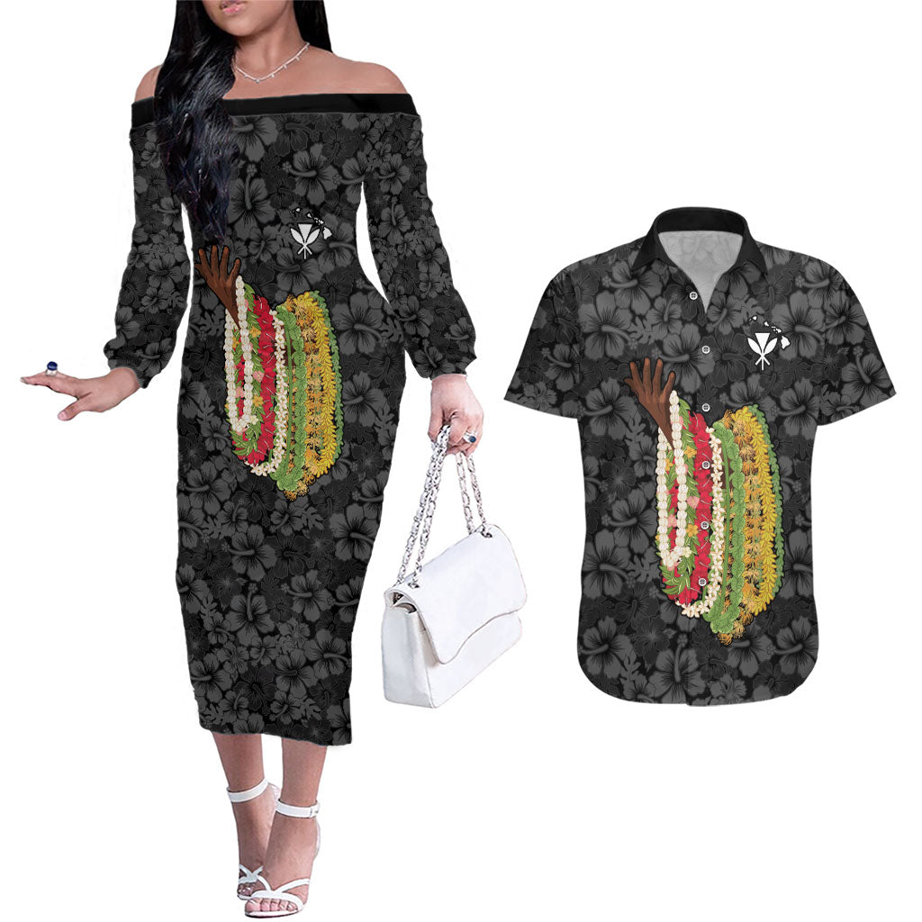 Hawaii Lei Kamehameha Couples Matching Off The Shoulder Long Sleeve Dress and Hawaiian Shirt Ele'ele Seamless Pattern Hibiscus Flower